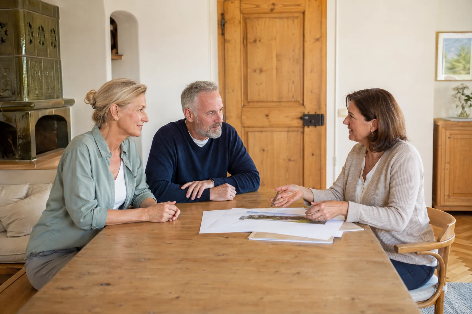 Eigentümerpaar und Ansprechpartnerin sprechen in einem gepflegten Wohnraum über das Haus
