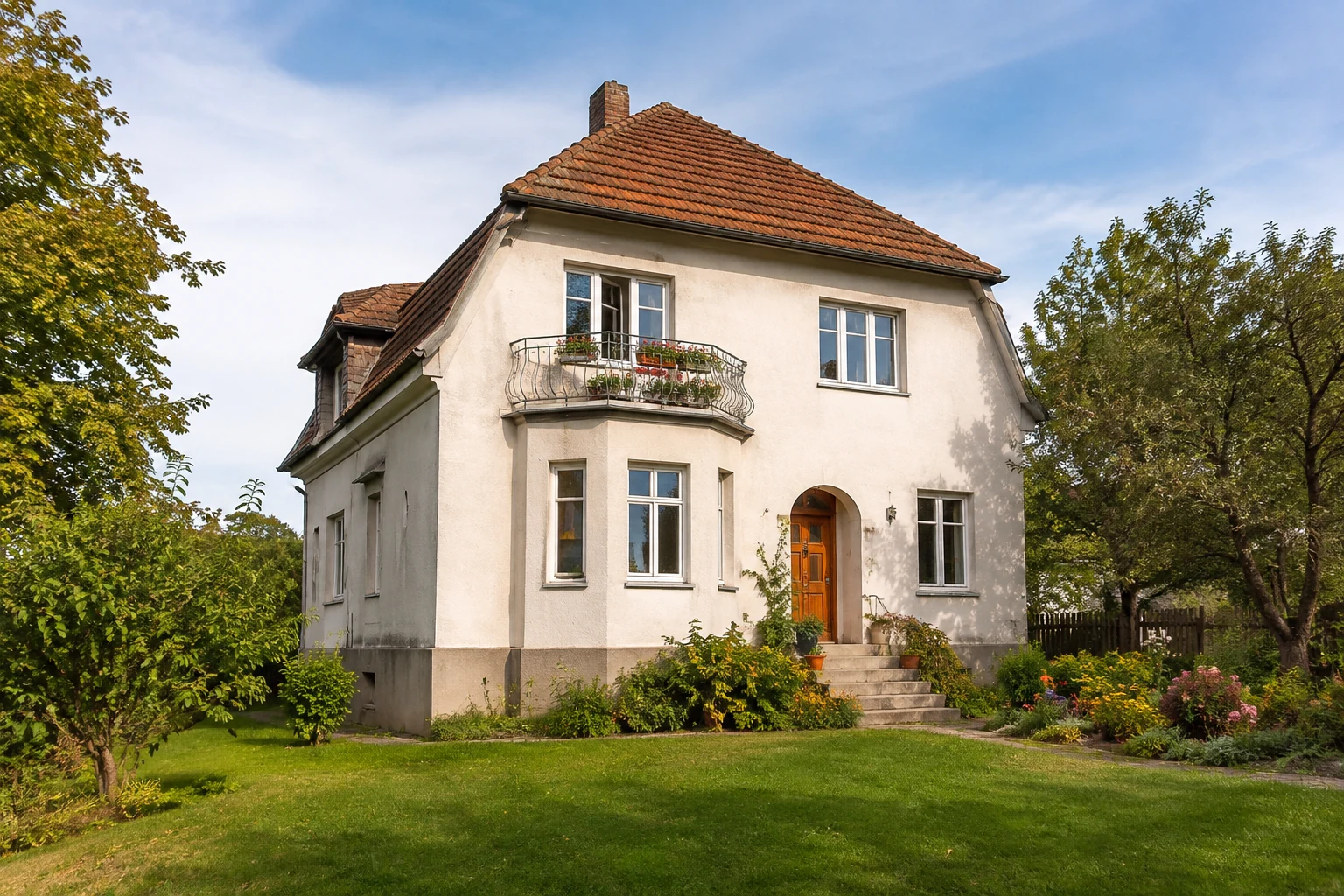 Gepflegtes österreichisches Wohnhaus mit klassischer Fassade, Eingang und Garten